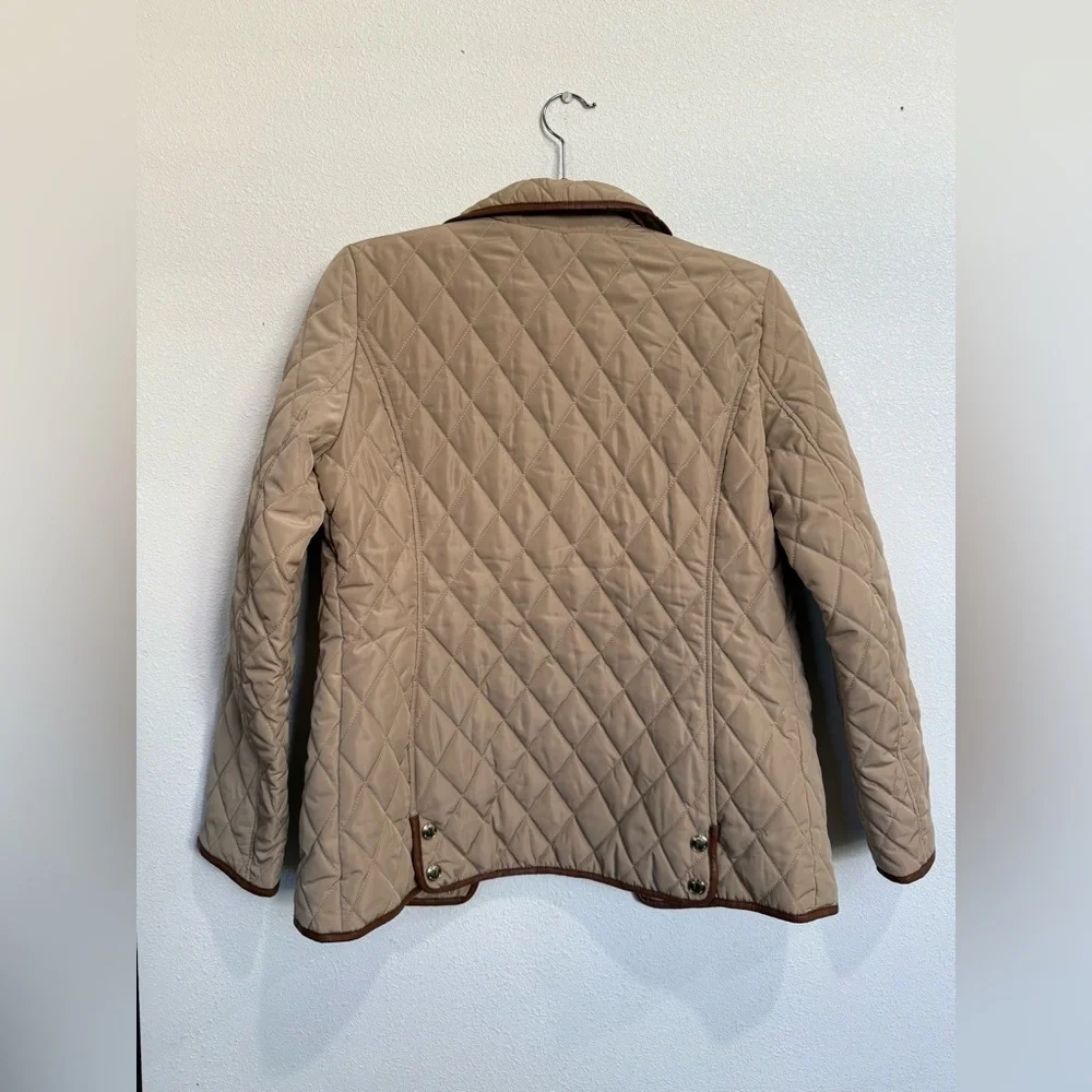 Michael Kors Quilted Jacket Tan Brown Trim Gold Zip Snap Coat Small